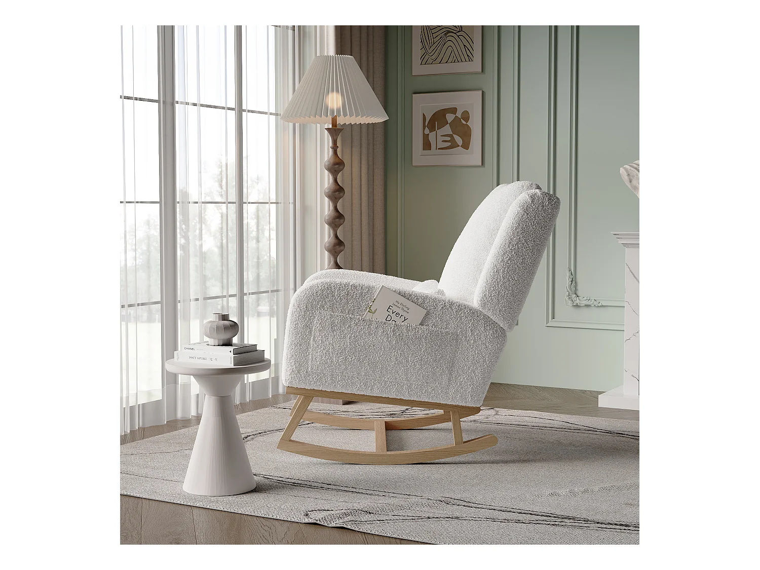Fauteuil à Bascule, Rocking Chair, Chaise à bascule moderne en tissu teddy avec siège rembourré de mousse et cadre en bois
