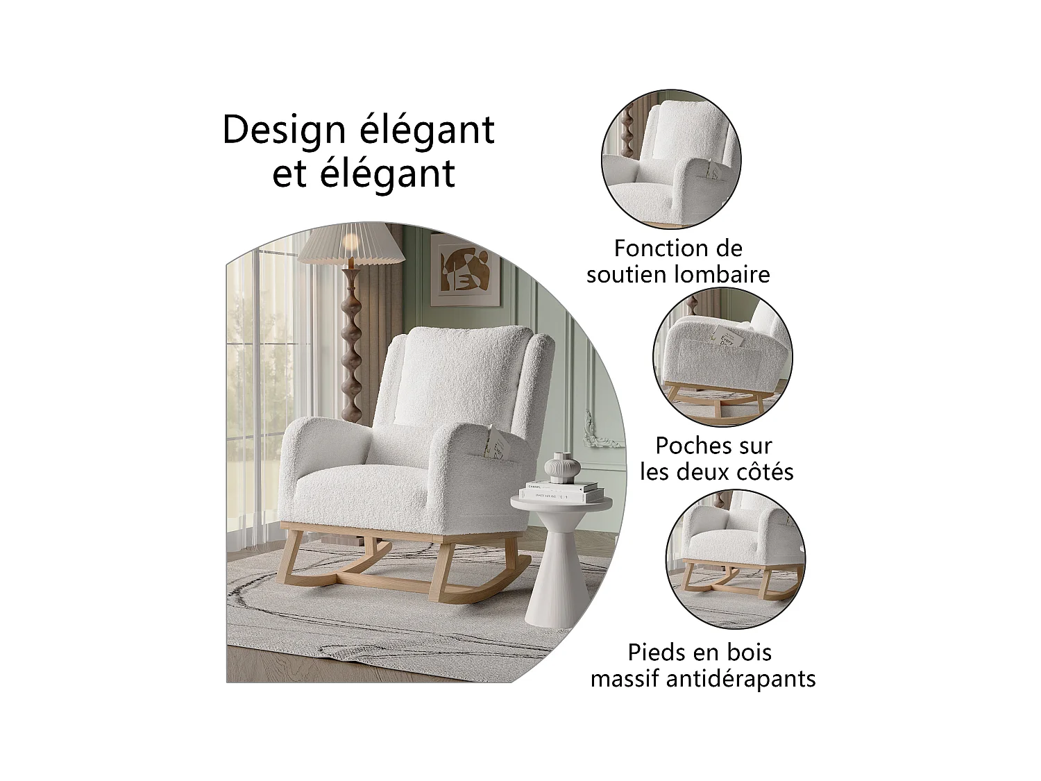 Fauteuil à Bascule, Rocking Chair, Chaise à bascule moderne en tissu teddy avec siège rembourré de mousse et cadre en bois