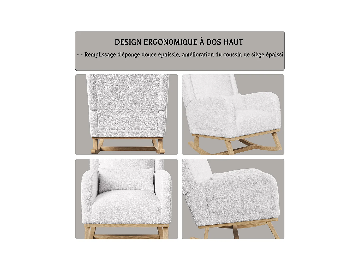 Fauteuil à Bascule, Rocking Chair, Chaise à bascule moderne en tissu teddy avec siège rembourré de mousse et cadre en bois