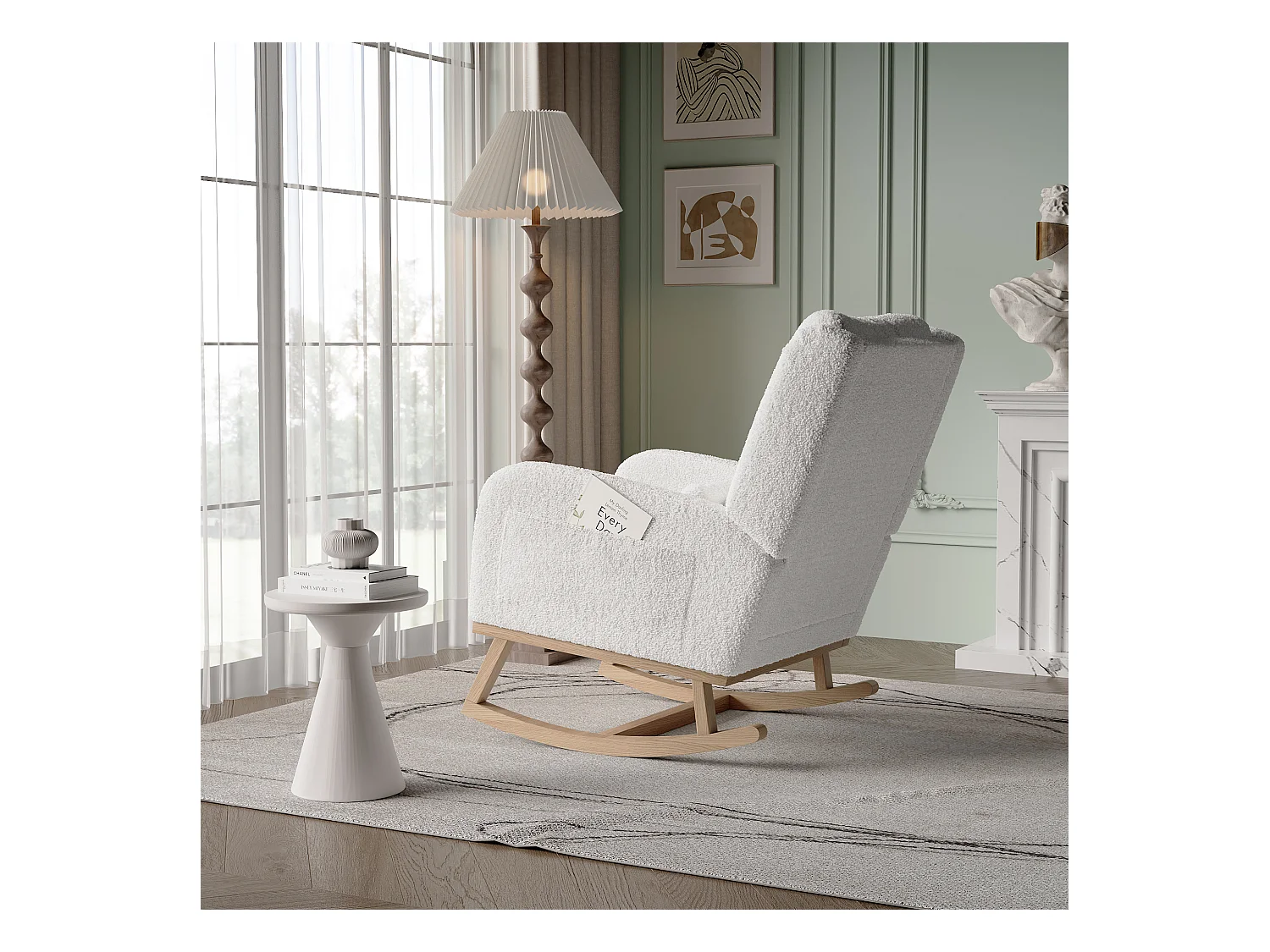 Fauteuil à Bascule, Rocking Chair, Chaise à bascule moderne en tissu teddy avec siège rembourré de mousse et cadre en bois