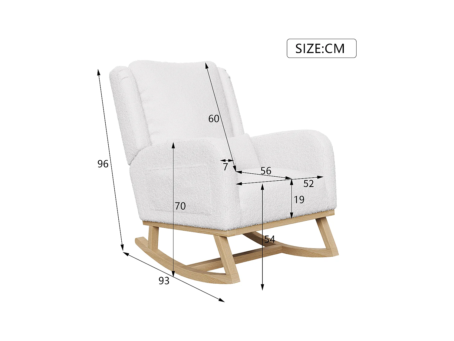 Fauteuil à Bascule, Rocking Chair, Chaise à bascule moderne en tissu teddy avec siège rembourré de mousse et cadre en bois