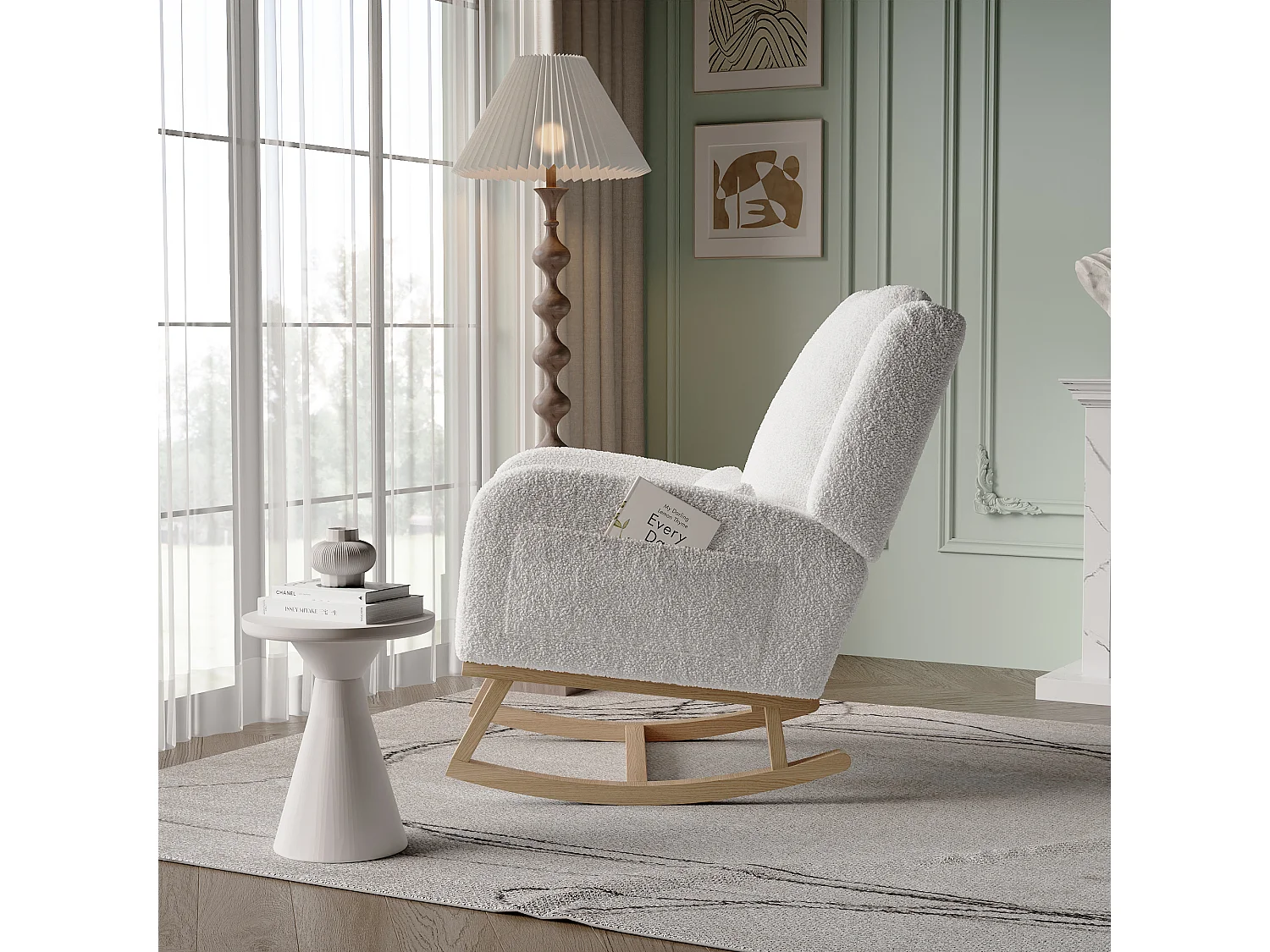 Fauteuil à Bascule, Rocking Chair, Chaise à bascule moderne en tissu teddy avec siège rembourré de mousse et cadre en bois