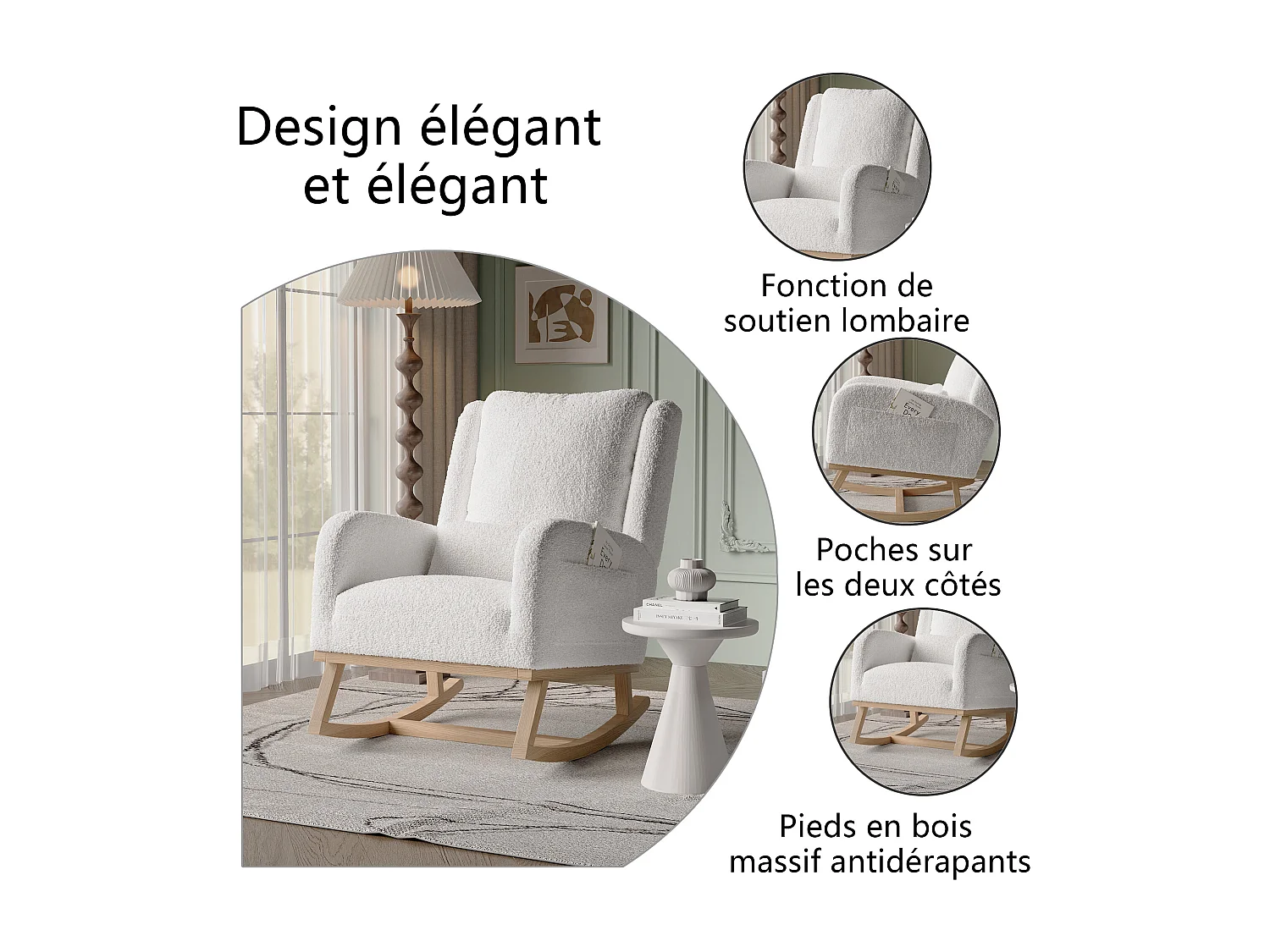 Fauteuil à Bascule, Rocking Chair, Chaise à bascule moderne en tissu teddy avec siège rembourré de mousse et cadre en bois