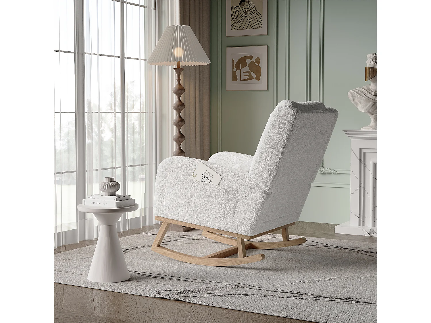Fauteuil à Bascule, Rocking Chair, Chaise à bascule moderne en tissu teddy avec siège rembourré de mousse et cadre en bois