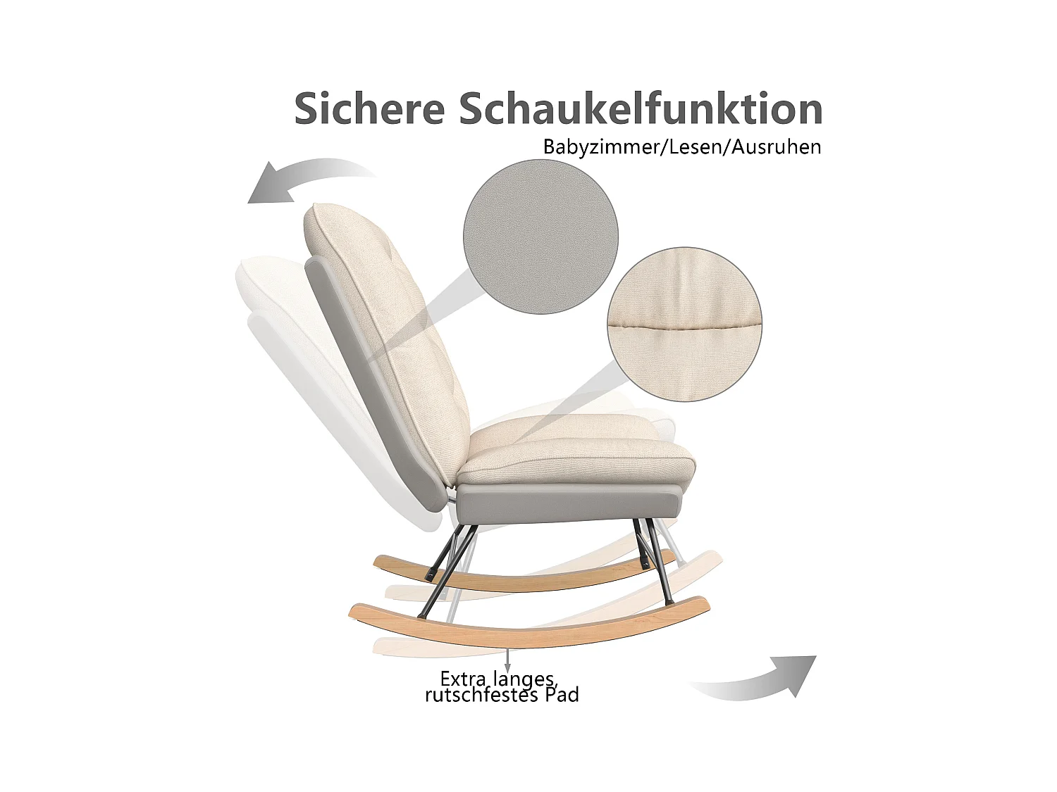 Fauteuil à Bascule - Pieds en Bois - 12 positions de dossier réglables - tissu technique - pour Salon,Chambre - beige