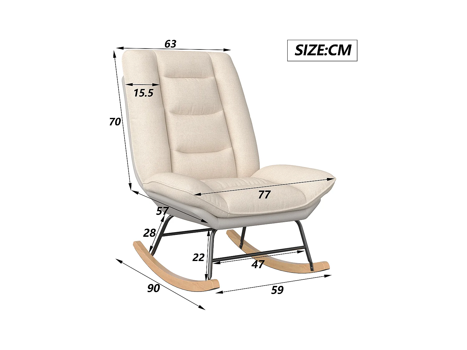 Fauteuil à Bascule - Pieds en Bois - 12 positions de dossier réglables - tissu technique - pour Salon,Chambre - beige