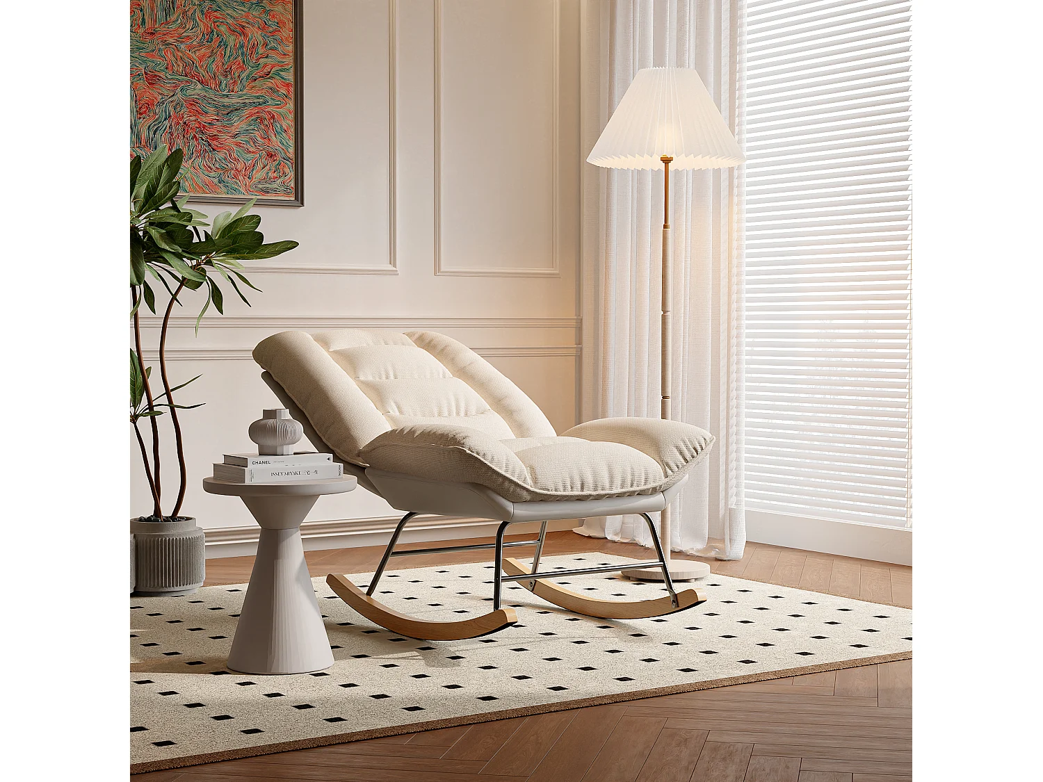 Fauteuil à Bascule - Pieds en Bois - 12 positions de dossier réglables - tissu technique - pour Salon,Chambre - beige