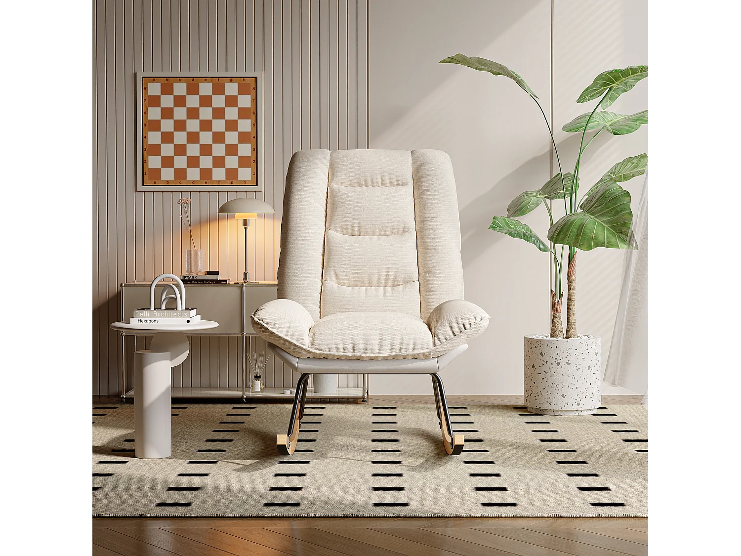 Fauteuil à Bascule - Pieds en Bois - 12 positions de dossier réglables - tissu technique - pour Salon,Chambre - beige