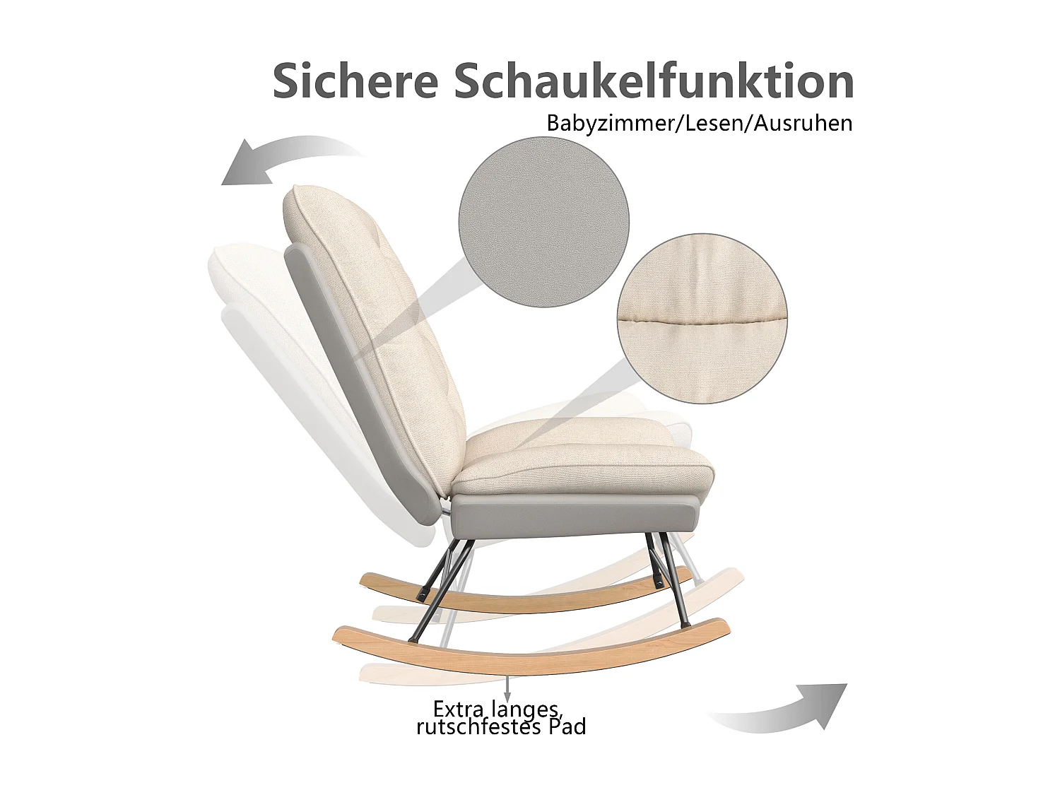 Fauteuil à Bascule - Pieds en Bois - 12 positions de dossier réglables - tissu technique - pour Salon,Chambre - beige