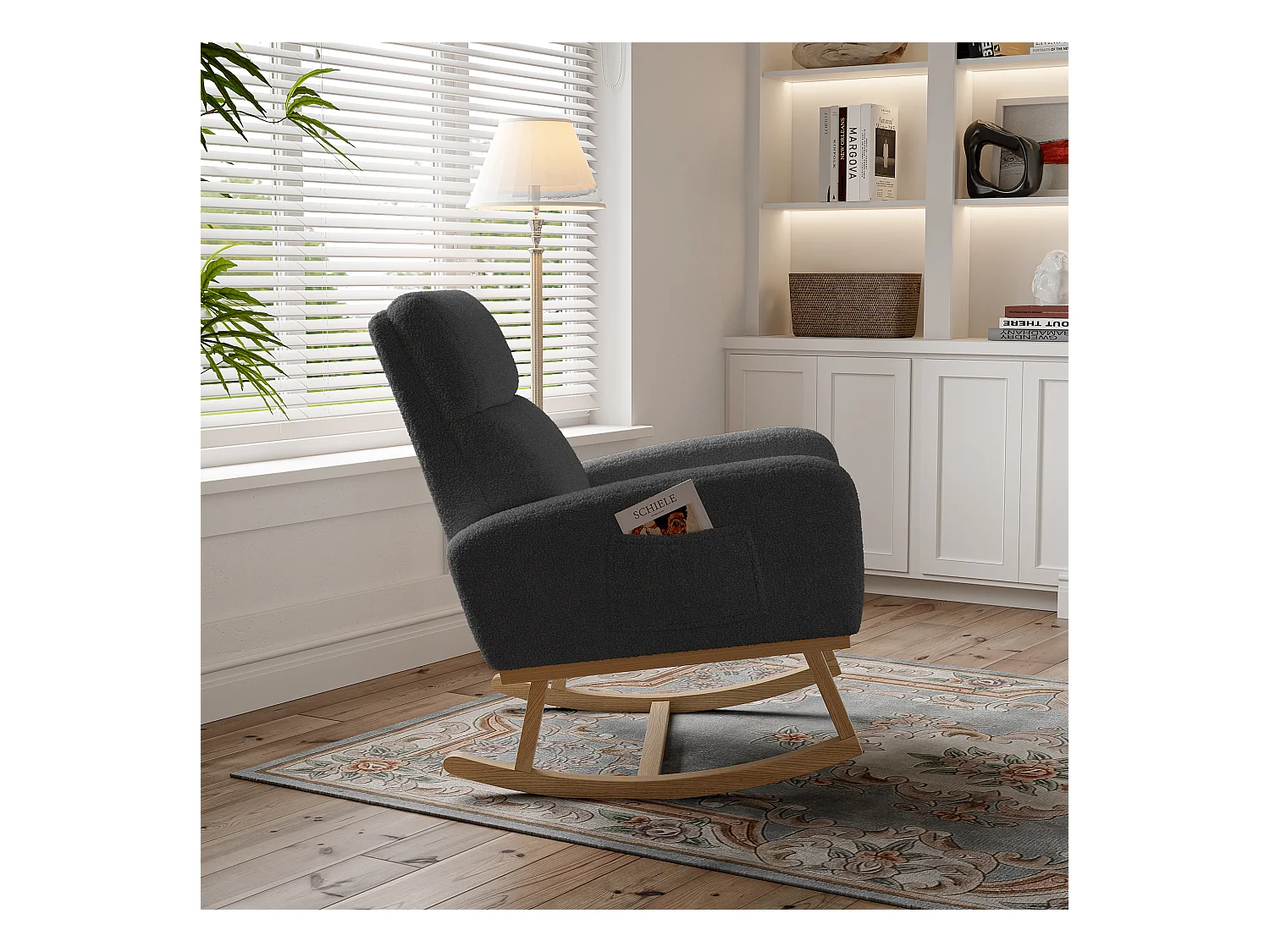 Fauteuil à Bascule / Rocking chair, Chaise avec Accoudoirs et Dossier, Pieds en Bois,Laine d’agneau,Rocking Chair，Gris foncé