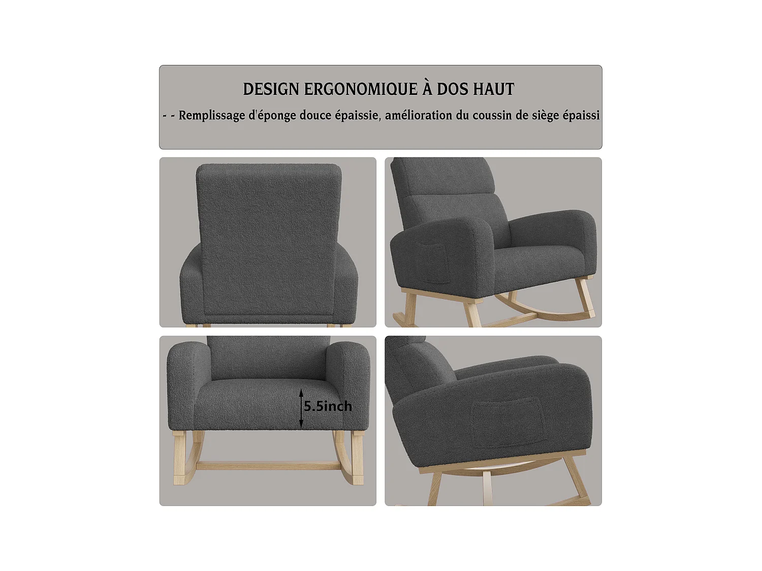 Fauteuil à Bascule / Rocking chair, Chaise avec Accoudoirs et Dossier, Pieds en Bois,Laine d’agneau,Rocking Chair，Gris foncé