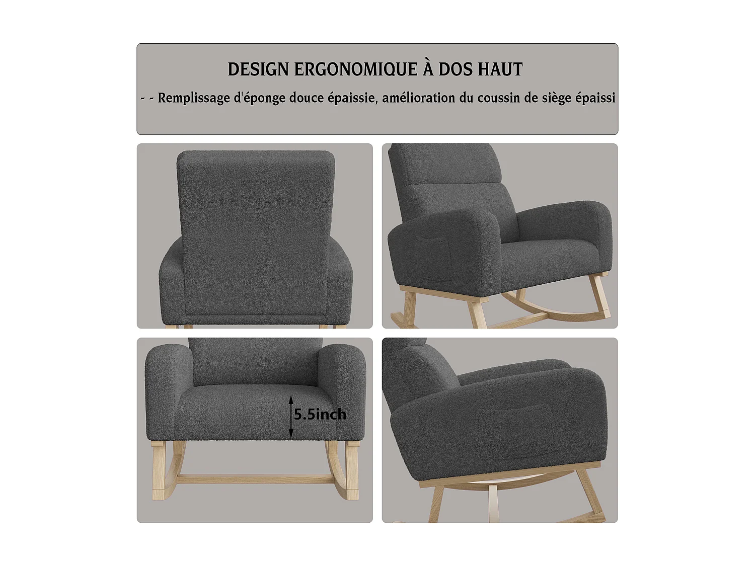 Fauteuil à Bascule / Rocking chair, Chaise avec Accoudoirs et Dossier, Pieds en Bois,Laine d’agneau,Rocking Chair，Gris foncé