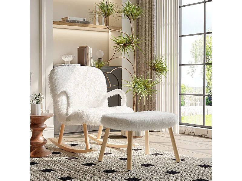 Fauteuil à bascule，Salon de relaxation，Chaise longue avec repose-pieds，pour le salon, la chambre à coucher，Laine d’agneau，blanc