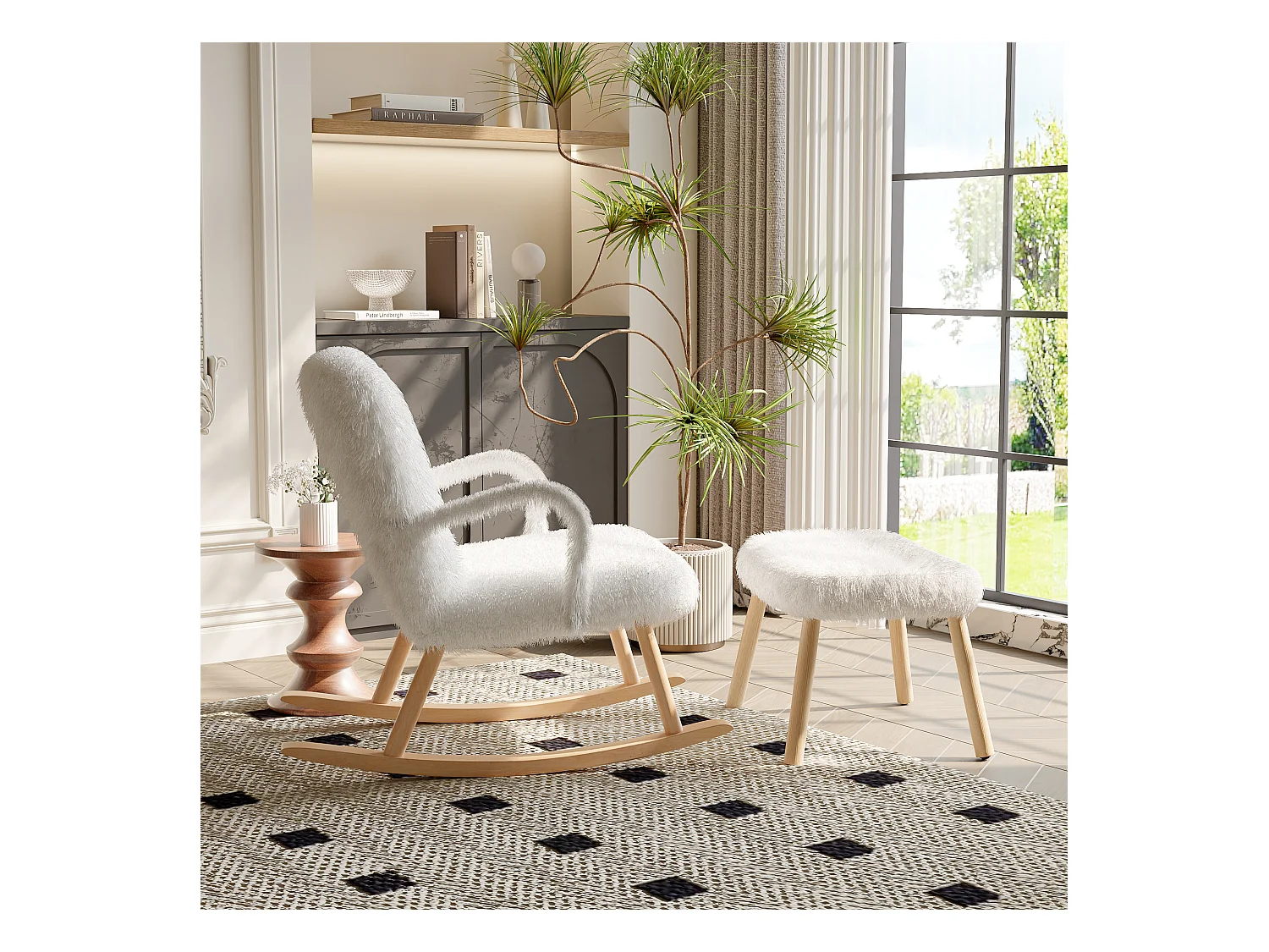 Fauteuil à bascule，Salon de relaxation，Chaise longue avec repose-pieds，pour le salon, la chambre à coucher，Laine d’agneau，blanc