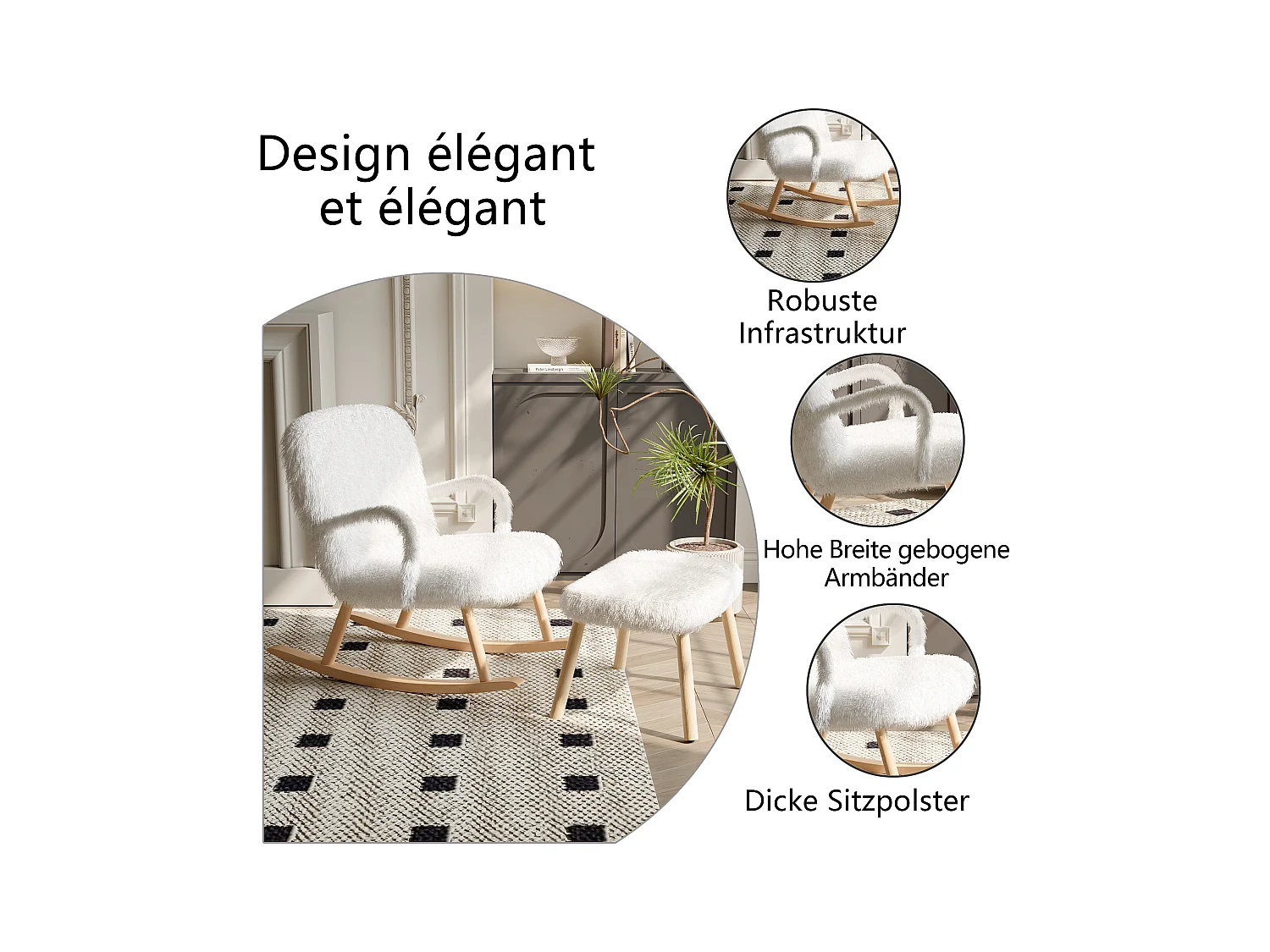 Fauteuil à bascule，Salon de relaxation，Chaise longue avec repose-pieds，pour le salon, la chambre à coucher，Laine d’agneau，blanc