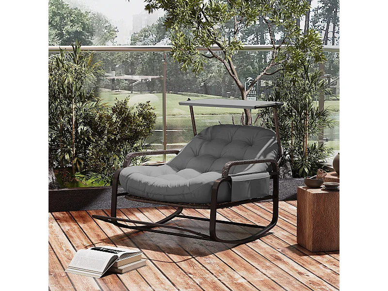 Fauteuil à bascule, Chaise relax avec dossier réglable et repose-pieds pliable, fauteuil en rotin avec toit pare-soleil