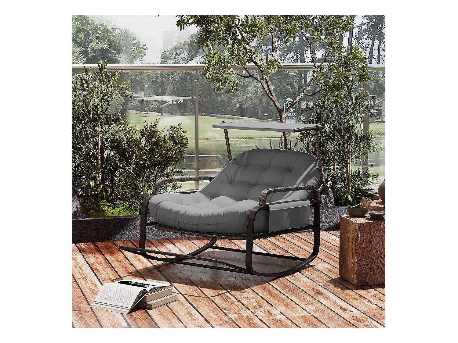 Fauteuil à bascule, Chaise relax avec dossier réglable et repose-pieds pliable, fauteuil en rotin avec toit pare-soleil