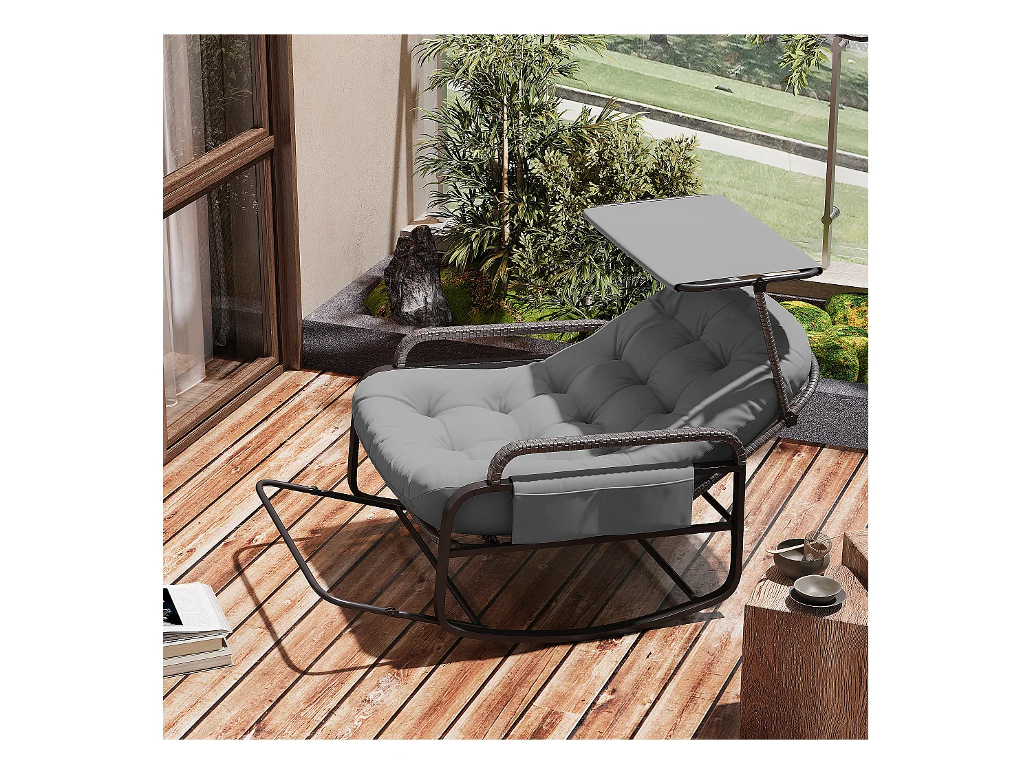 Fauteuil à bascule, Chaise relax avec dossier réglable et repose-pieds pliable, fauteuil en rotin avec toit pare-soleil