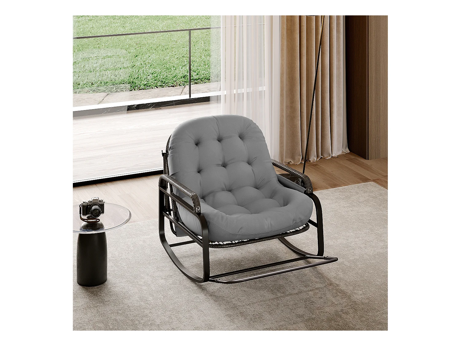 Fauteuil à bascule, Chaise relax avec dossier réglable et repose-pieds pliable, fauteuil en rotin avec toit pare-soleil