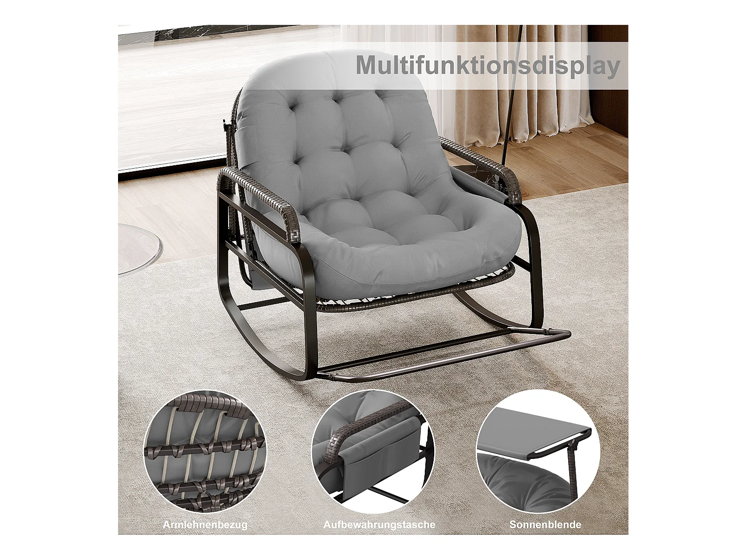 Fauteuil à bascule, Chaise relax avec dossier réglable et repose-pieds pliable, fauteuil en rotin avec toit pare-soleil