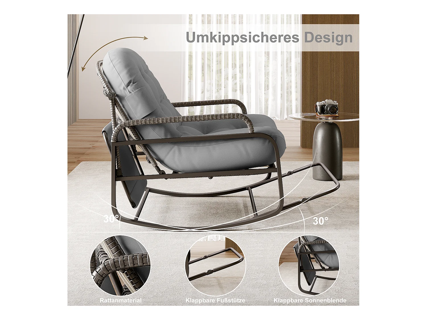 Fauteuil à bascule, Chaise relax avec dossier réglable et repose-pieds pliable, fauteuil en rotin avec toit pare-soleil