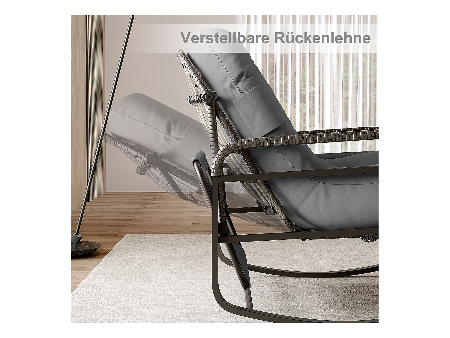 Fauteuil à bascule, Chaise relax avec dossier réglable et repose-pieds pliable, fauteuil en rotin avec toit pare-soleil