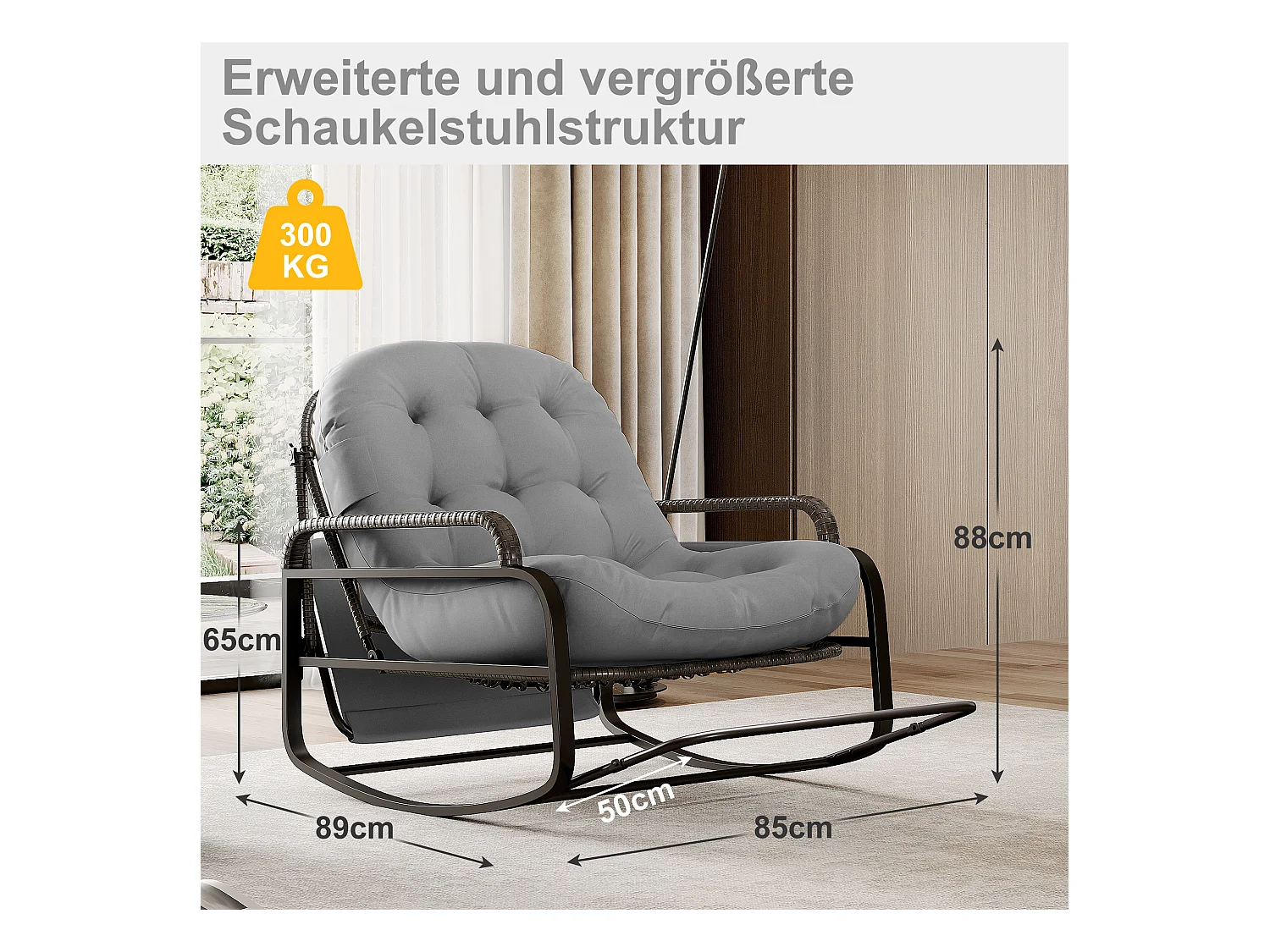 Fauteuil à bascule, Chaise relax avec dossier réglable et repose-pieds pliable, fauteuil en rotin avec toit pare-soleil