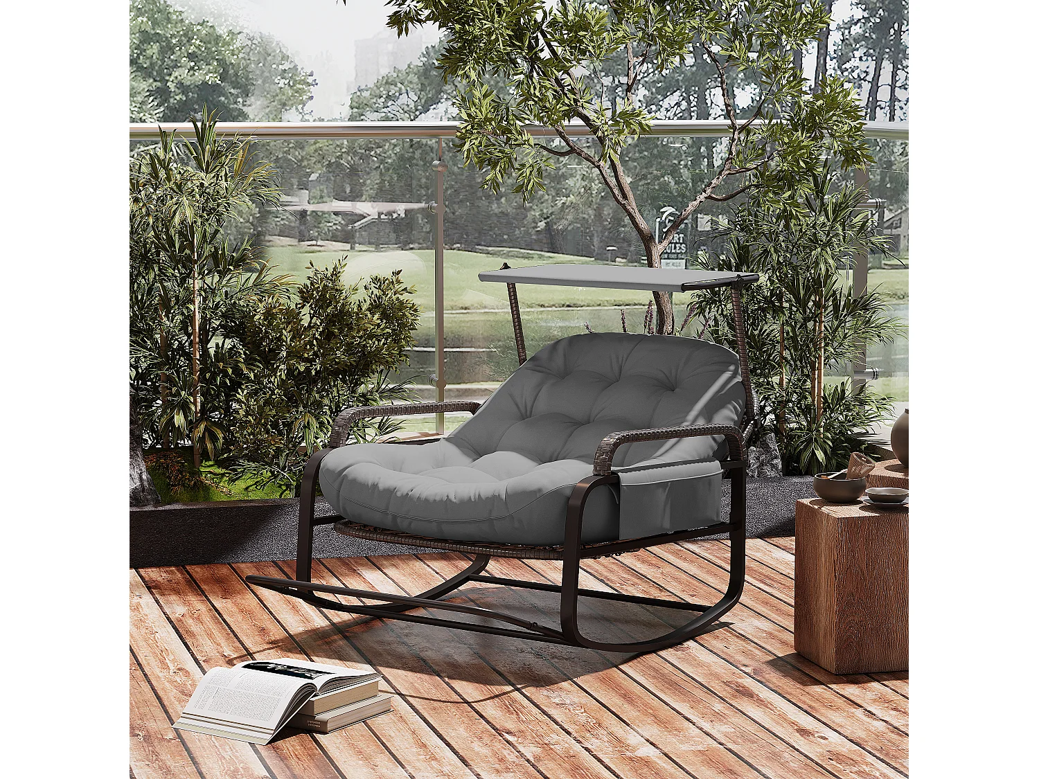Fauteuil à bascule, Chaise relax avec dossier réglable et repose-pieds pliable, fauteuil en rotin avec toit pare-soleil