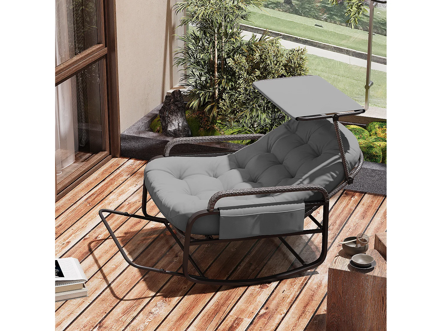 Fauteuil à bascule, Chaise relax avec dossier réglable et repose-pieds pliable, fauteuil en rotin avec toit pare-soleil