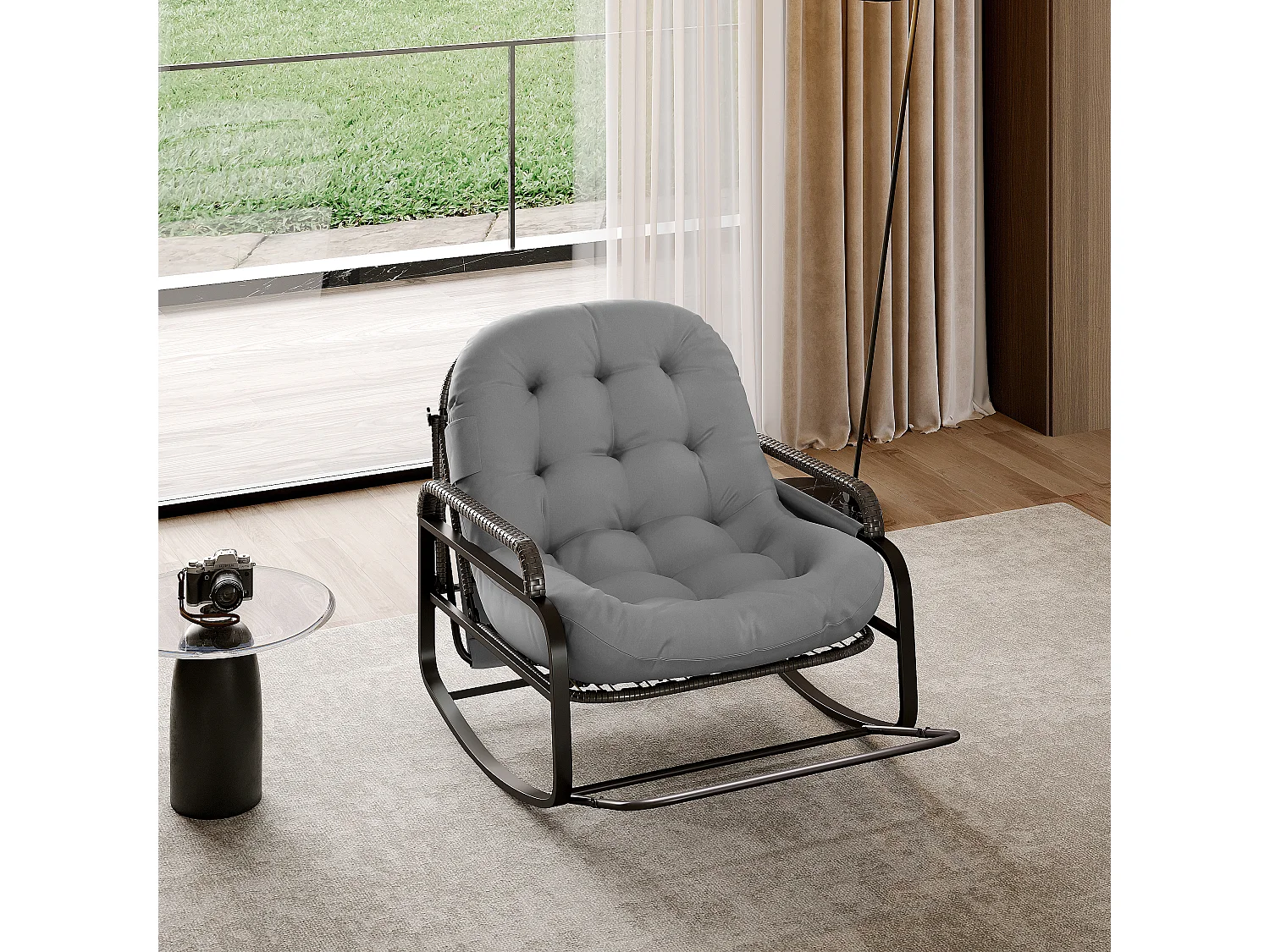 Fauteuil à bascule, Chaise relax avec dossier réglable et repose-pieds pliable, fauteuil en rotin avec toit pare-soleil