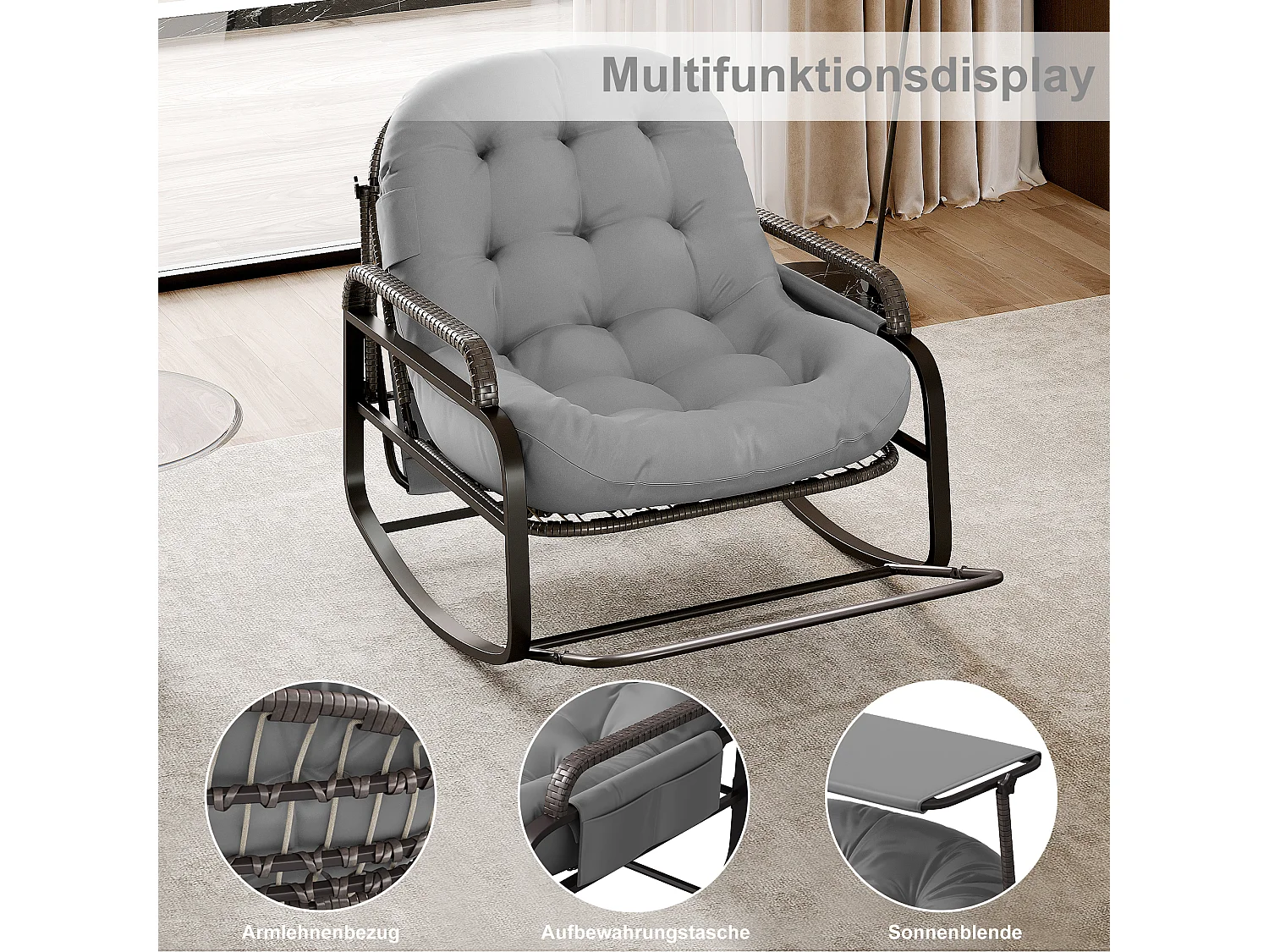 Fauteuil à bascule, Chaise relax avec dossier réglable et repose-pieds pliable, fauteuil en rotin avec toit pare-soleil