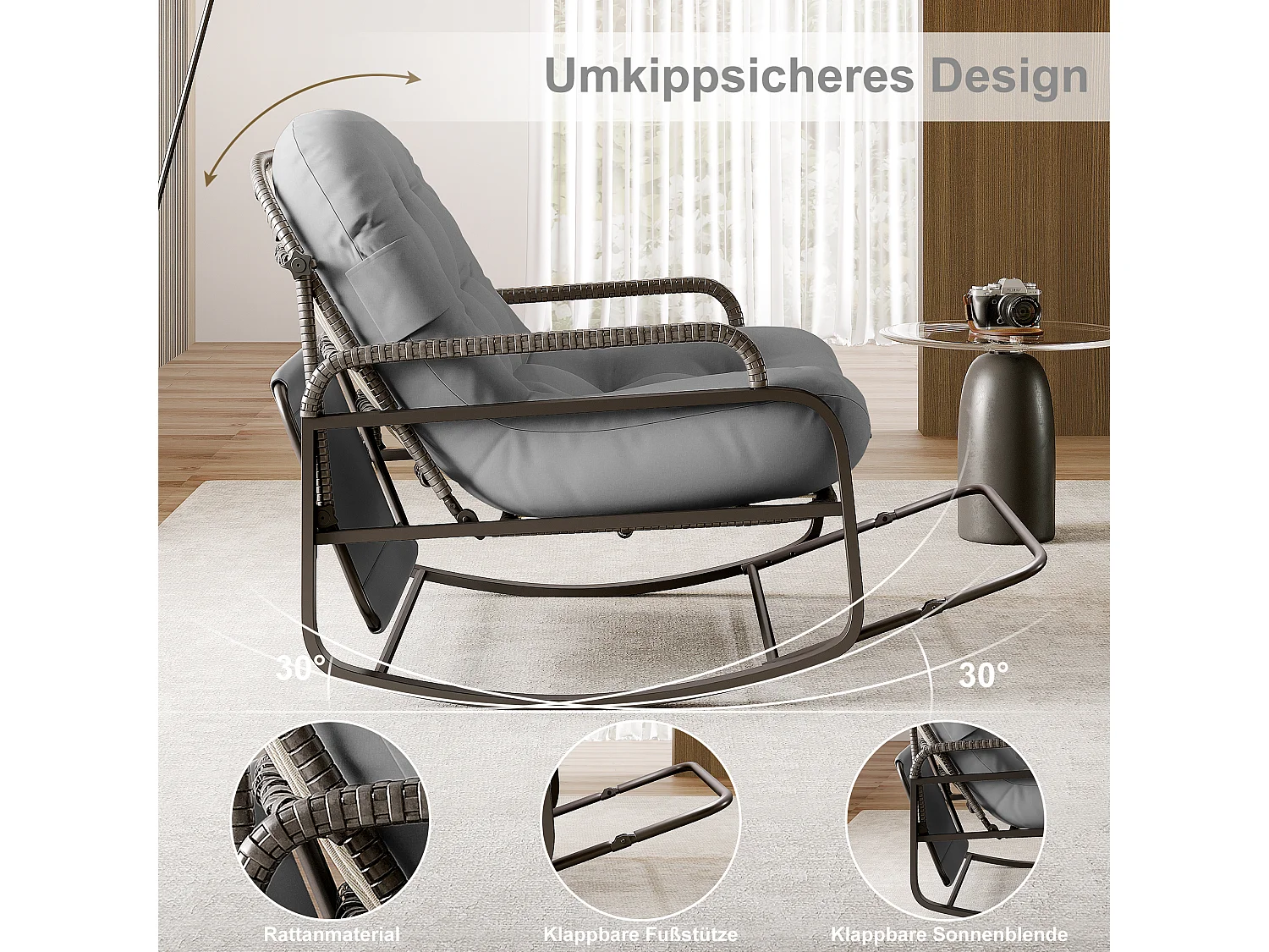 Fauteuil à bascule, Chaise relax avec dossier réglable et repose-pieds pliable, fauteuil en rotin avec toit pare-soleil