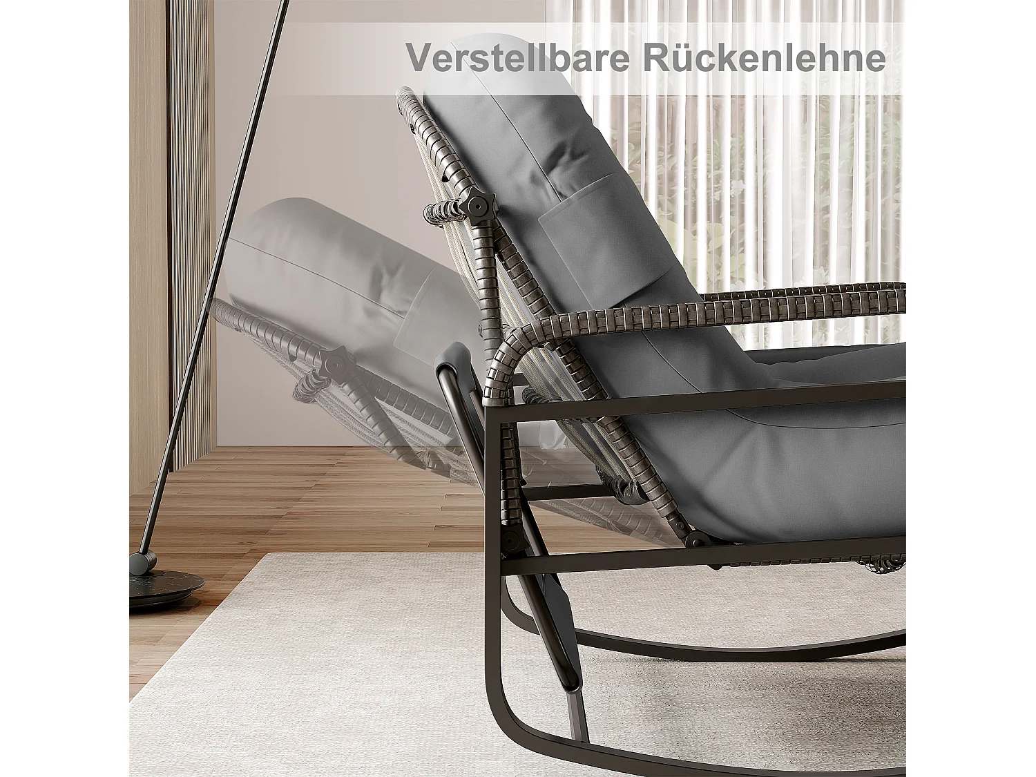 Fauteuil à bascule, Chaise relax avec dossier réglable et repose-pieds pliable, fauteuil en rotin avec toit pare-soleil