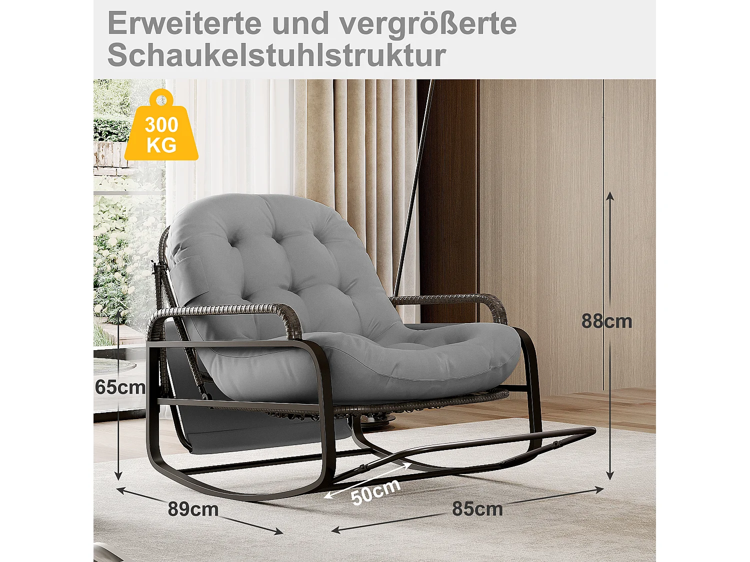 Fauteuil à bascule, Chaise relax avec dossier réglable et repose-pieds pliable, fauteuil en rotin avec toit pare-soleil