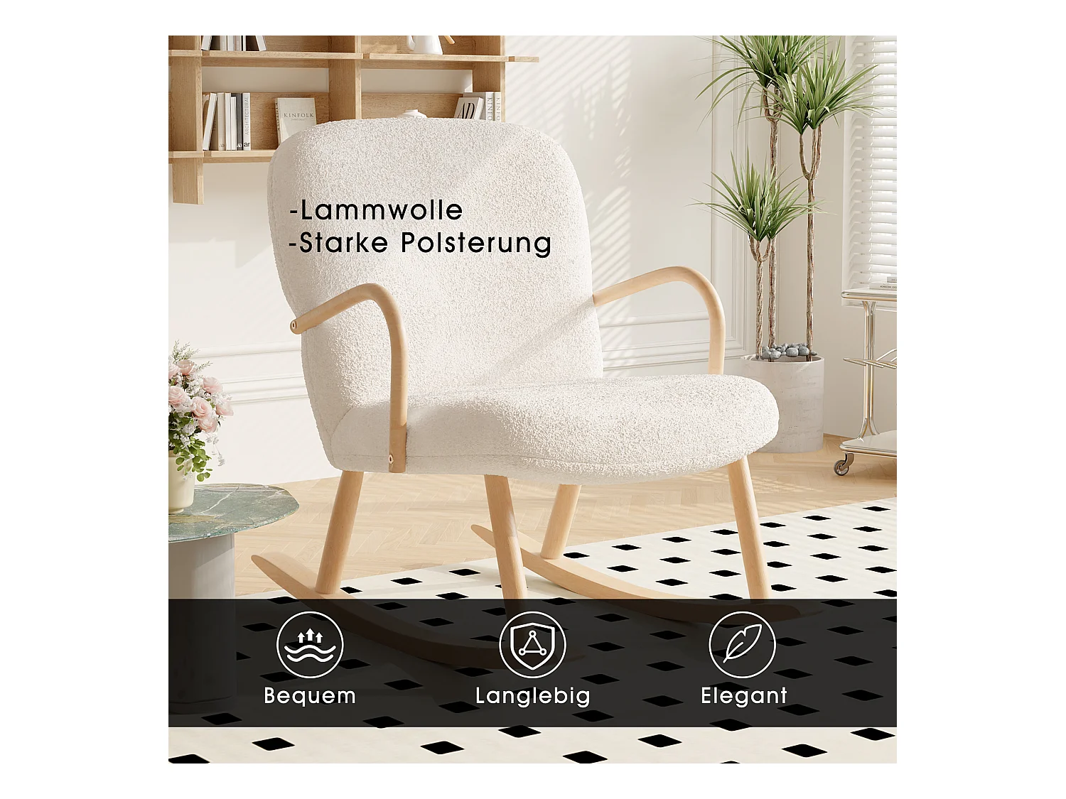 Fauteuil à Bascule, Fauteuil relax Cachemire d’agneau, Rocking Chair avec Accoudoirs et Dossier pour Salon Chambre, Blanc Cassé