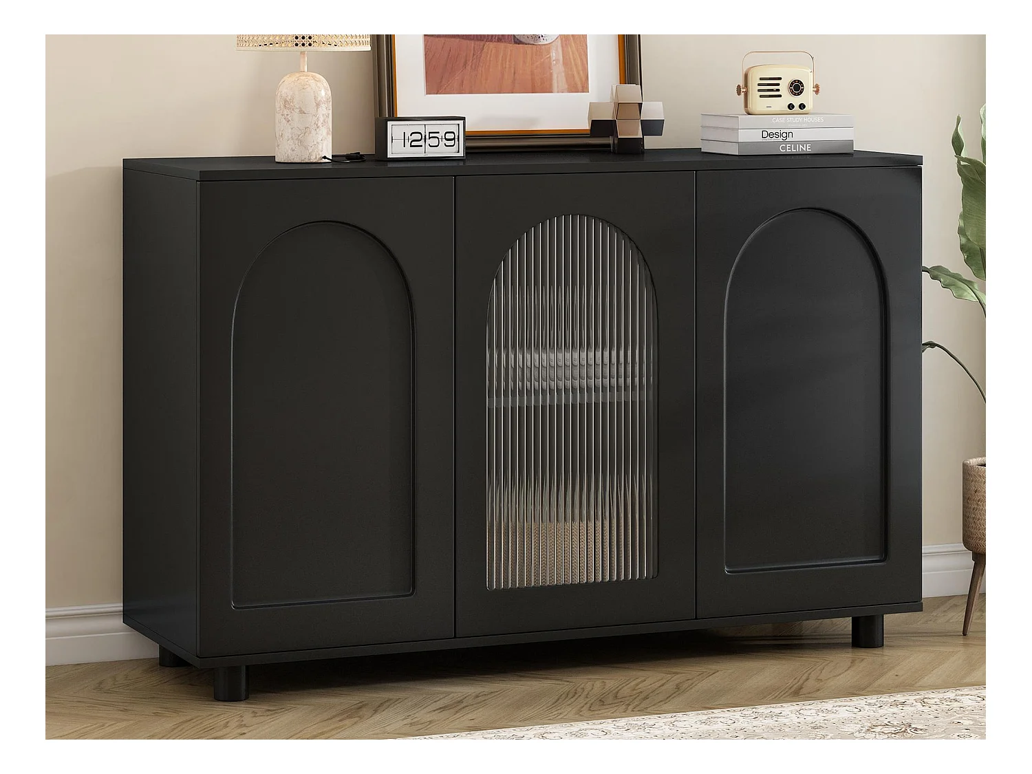 Buffet moderne 120x40x78.5cm - avec 3 portes - avec étagères réglables - motif en U - Noir