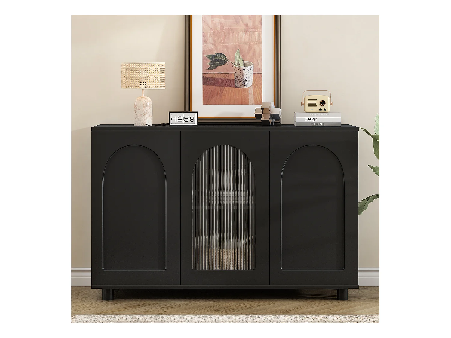 Buffet moderne 120x40x78.5cm - avec 3 portes - avec étagères réglables - motif en U - Noir