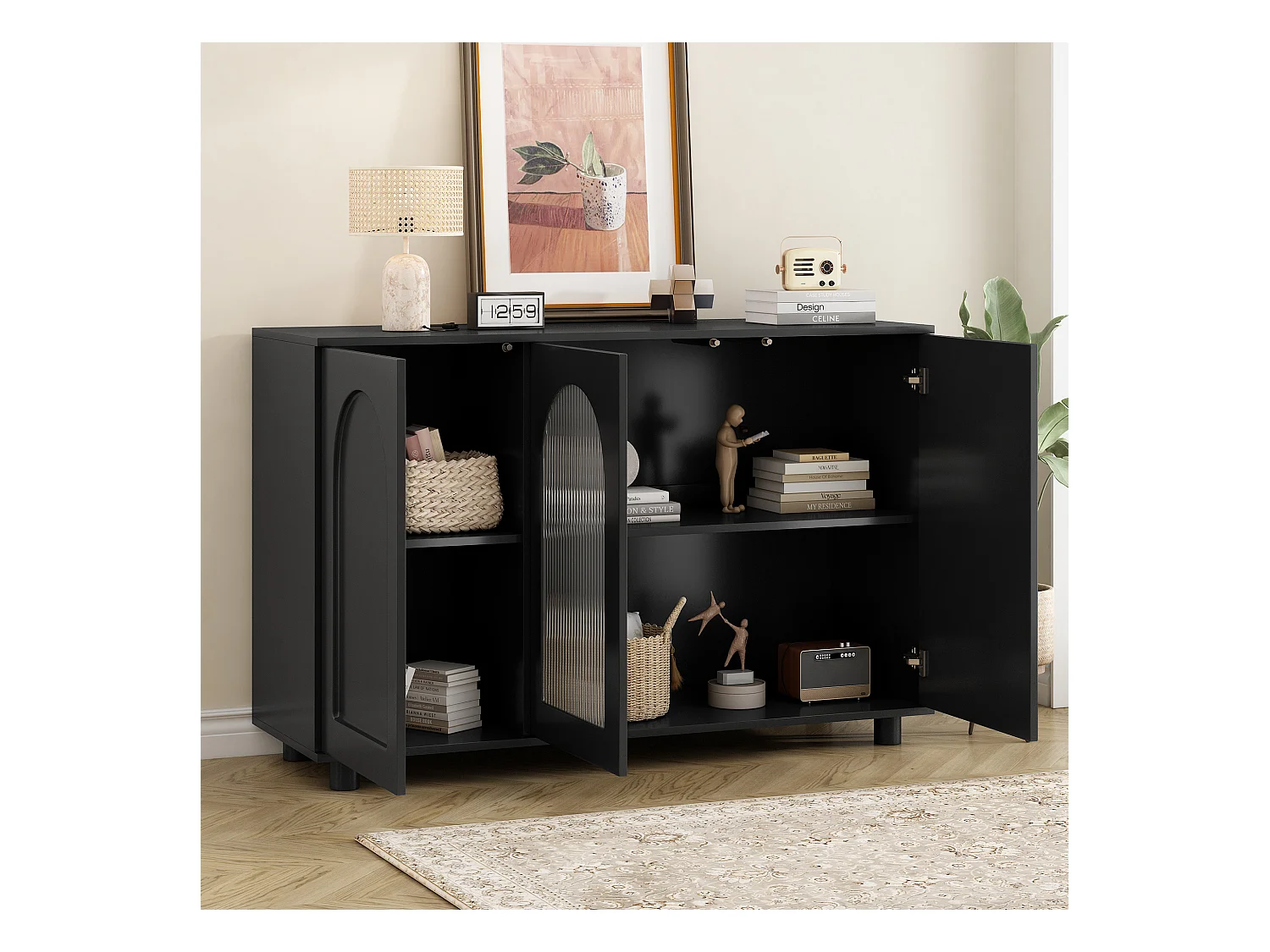 Buffet moderne 120x40x78.5cm - avec 3 portes - avec étagères réglables - motif en U - Noir