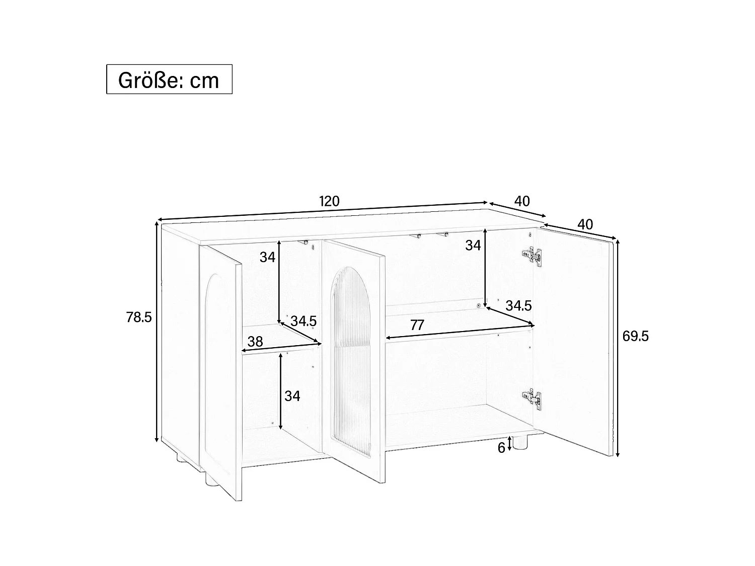 Buffet moderne 120x40x78.5cm - avec 3 portes - avec étagères réglables - motif en U - Noir