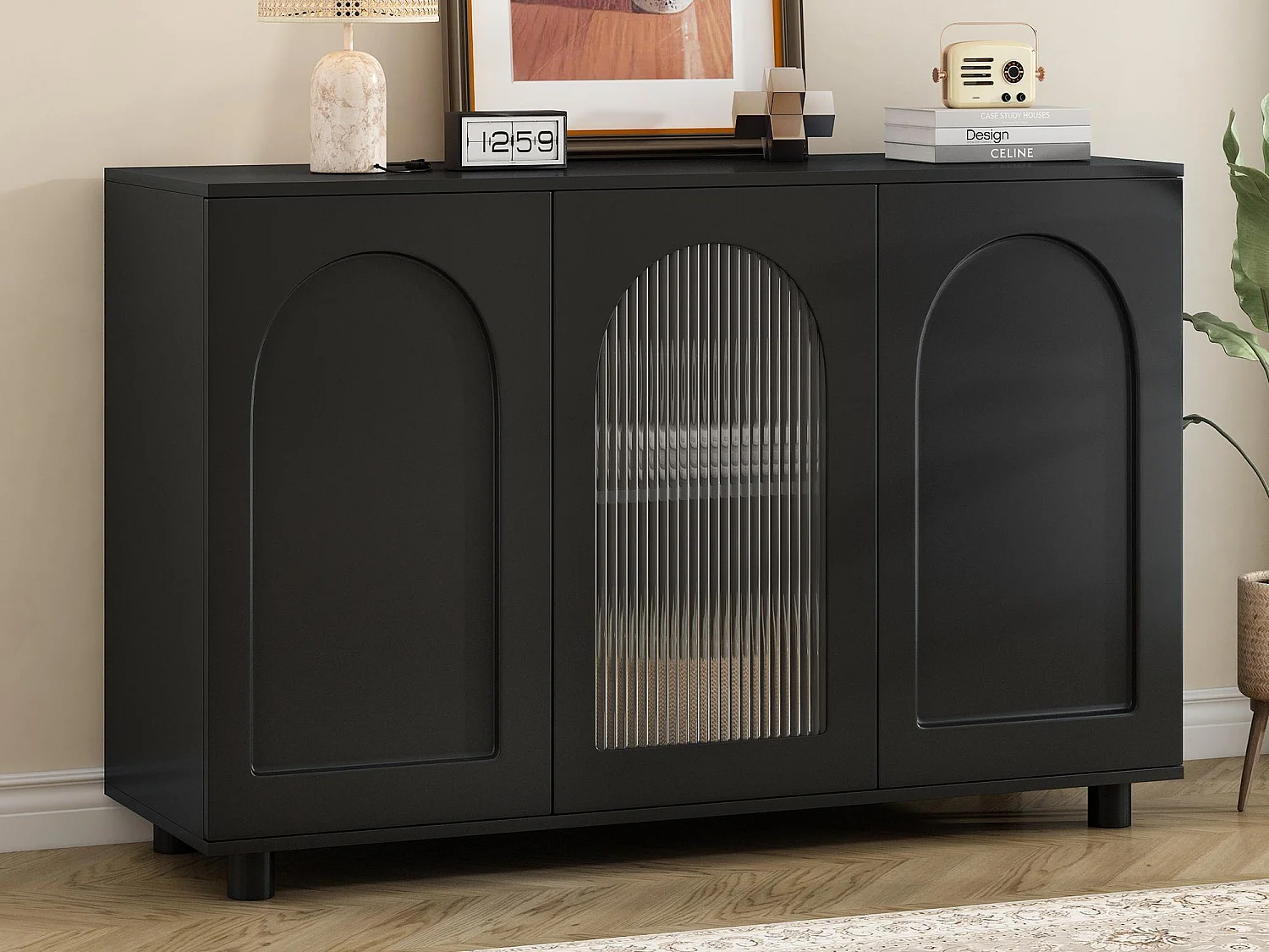 Buffet moderne 120x40x78.5cm - avec 3 portes - avec étagères réglables - motif en U - Noir