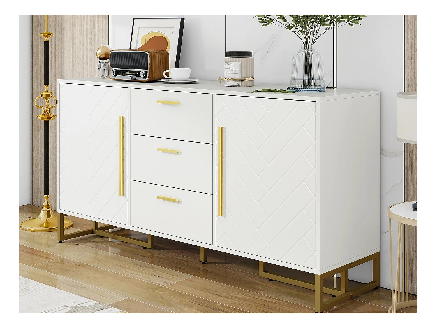 Buffet moderne 145x40x75cm - avec 2 portes et 3 tiroirs - avec étagères réglables - à motif de chevrons - Blanc
