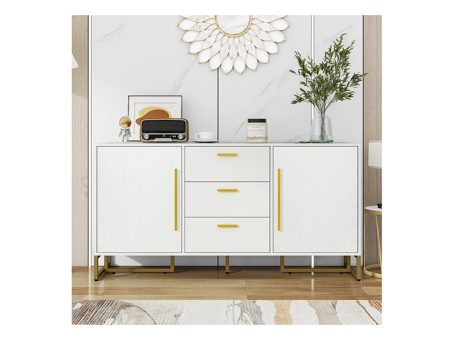 Buffet moderne 145x40x75cm - avec 2 portes et 3 tiroirs - avec étagères réglables - à motif de chevrons - Blanc
