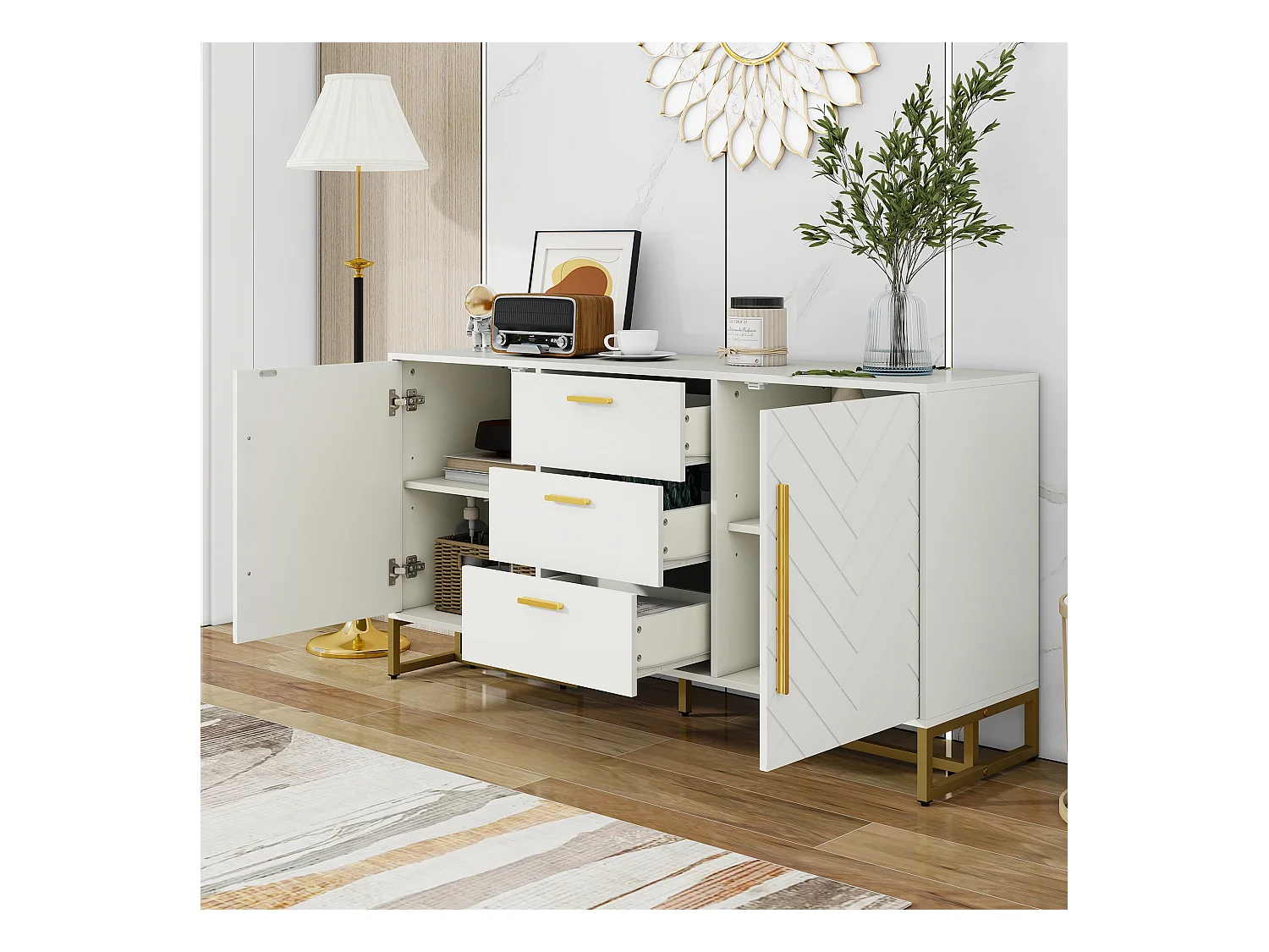 Buffet moderne 145x40x75cm - avec 2 portes et 3 tiroirs - avec étagères réglables - à motif de chevrons - Blanc