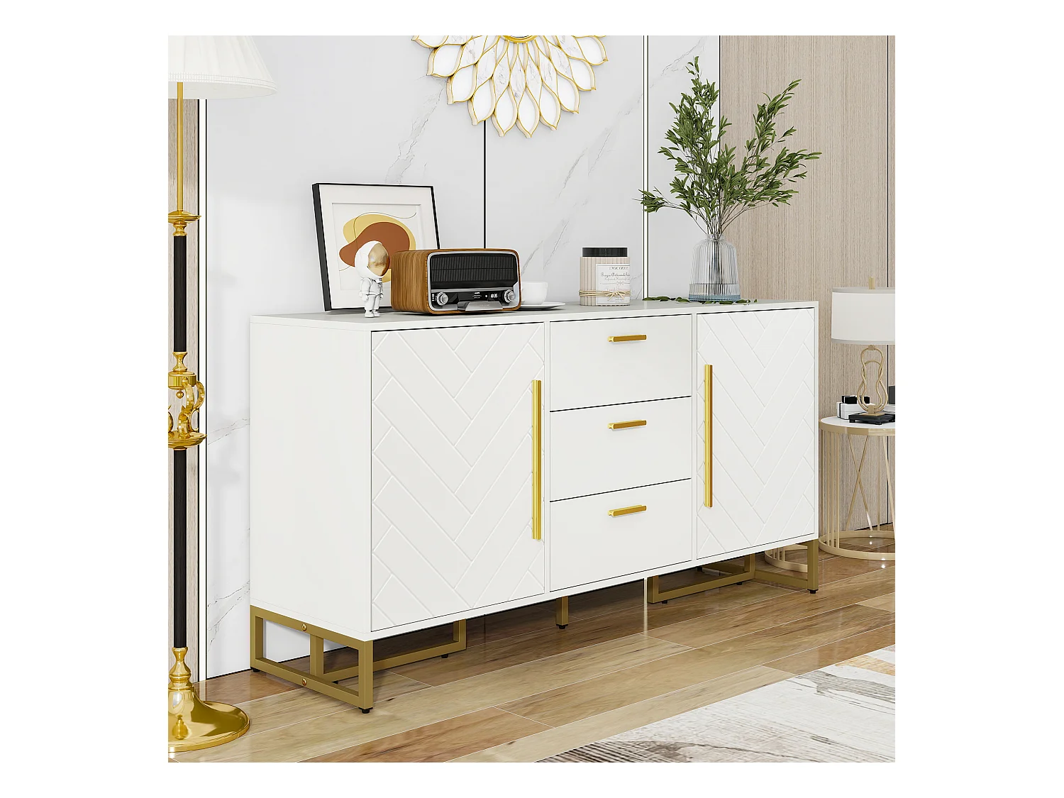 Buffet moderne 145x40x75cm - avec 2 portes et 3 tiroirs - avec étagères réglables - à motif de chevrons - Blanc
