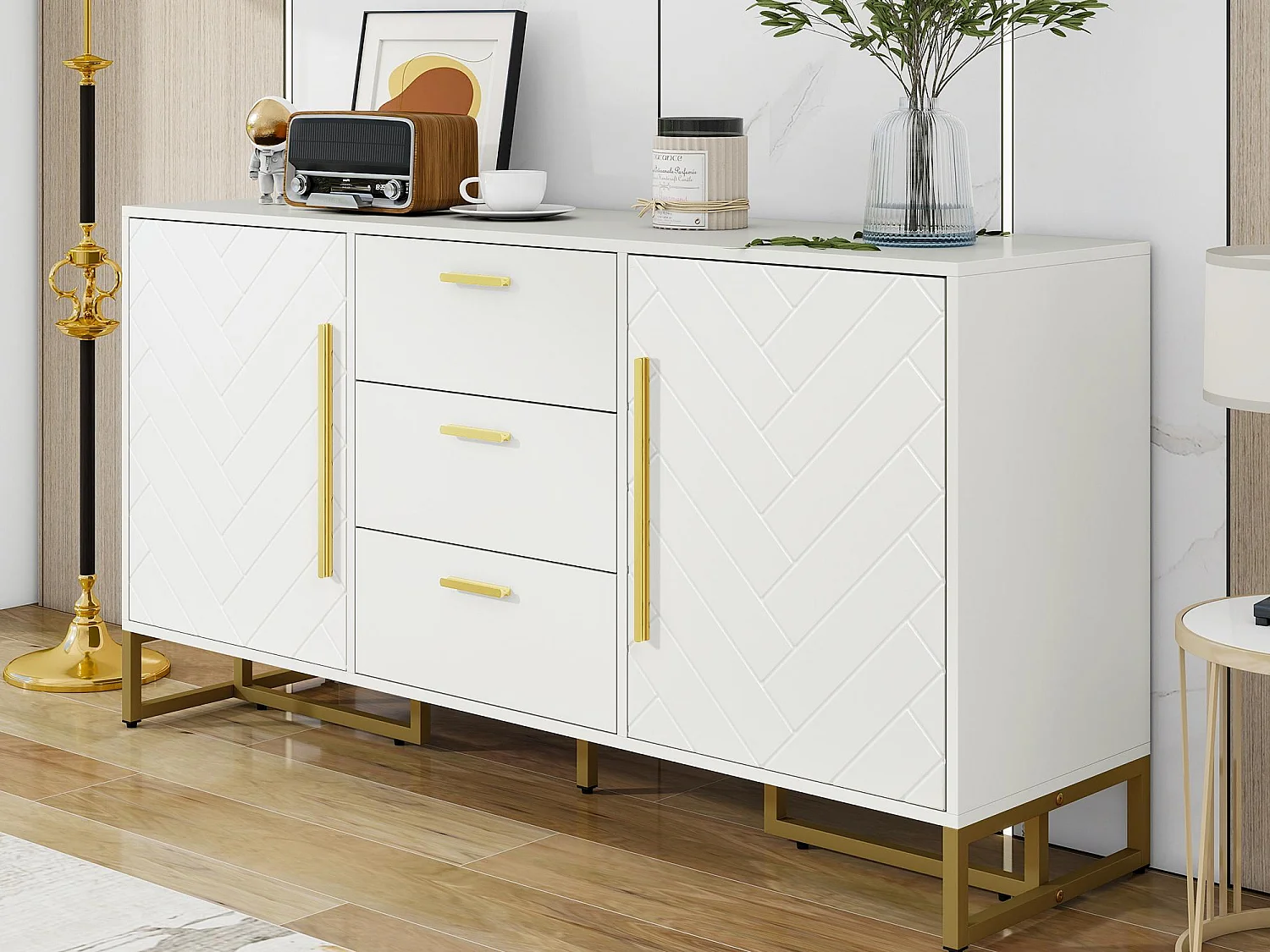 Modernes Sideboard 145x40x75cm - mit 2 Türen und 3 Schubladen - mit höhenverstellbaren Einlegeböden - Fischgrätmuster - Weiß