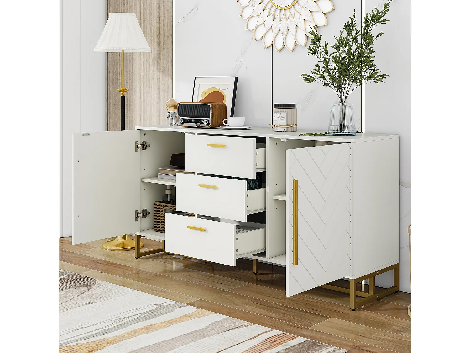 Modernes Sideboard 145x40x75cm - mit 2 Türen und 3 Schubladen - mit höhenverstellbaren Einlegeböden - Fischgrätmuster - Weiß