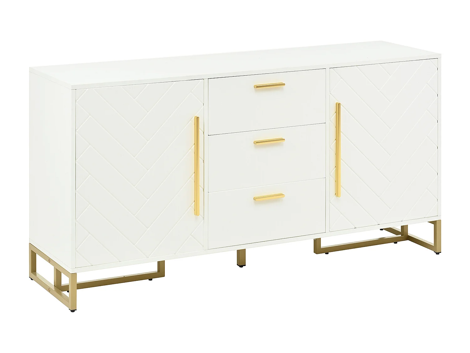 Modernes Sideboard 145x40x75cm - mit 2 Türen und 3 Schubladen - mit höhenverstellbaren Einlegeböden - Fischgrätmuster - Weiß