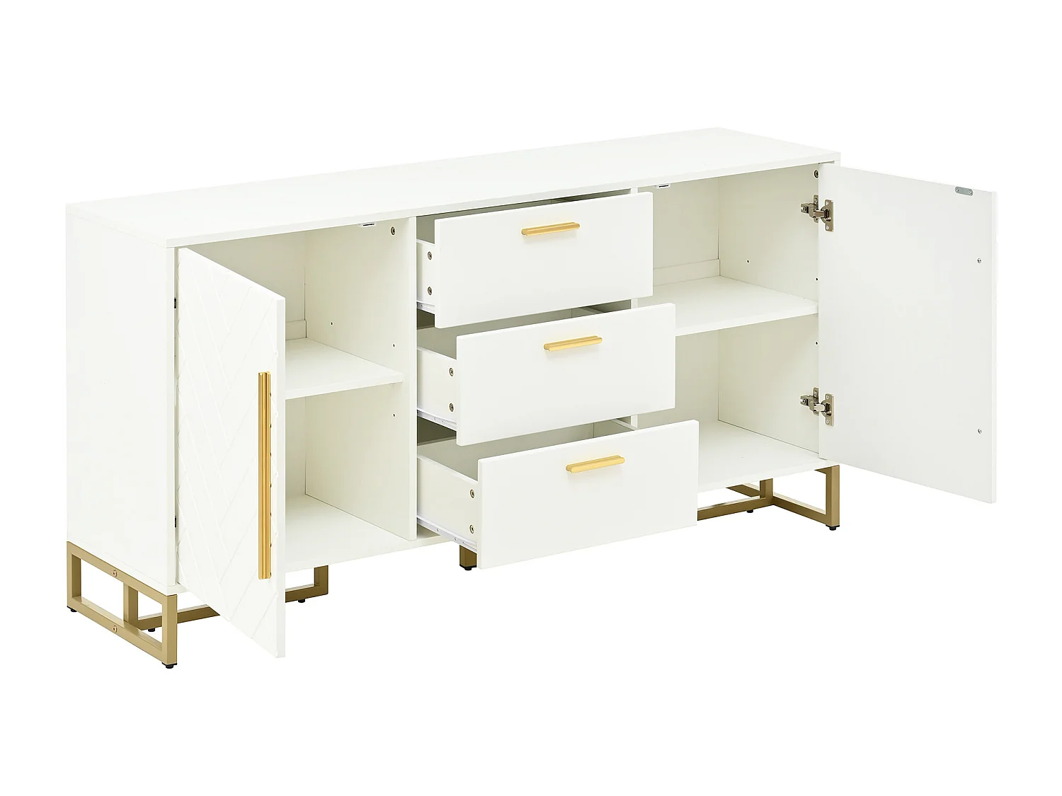 Modernes Sideboard 145x40x75cm - mit 2 Türen und 3 Schubladen - mit höhenverstellbaren Einlegeböden - Fischgrätmuster - Weiß