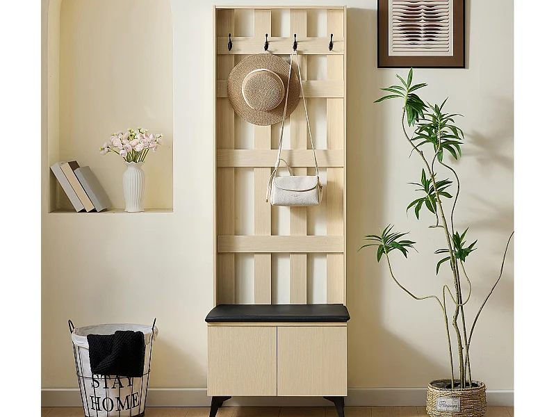 Ensemble vestiaire d'entrée 60x35x179.5 cm - avec banc - avec 4 crochets - 2 portes - Naturel