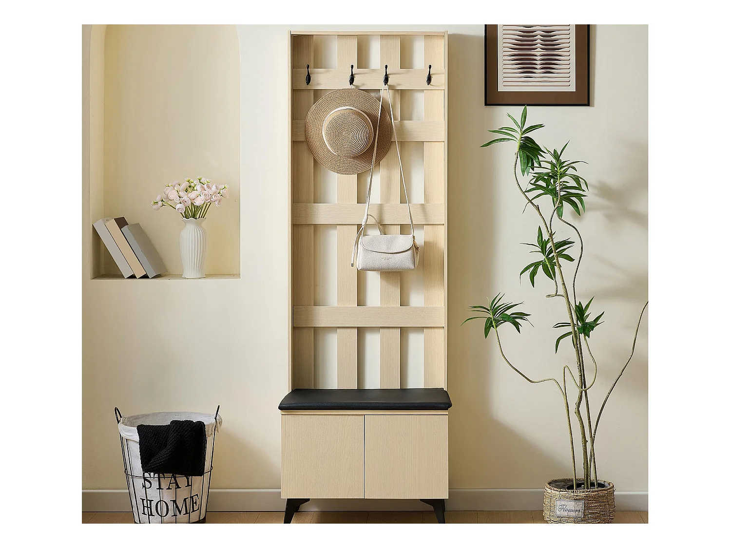 Ensemble vestiaire d'entrée 60x35x179.5 cm - avec banc - avec 4 crochets - 2 portes - Naturel